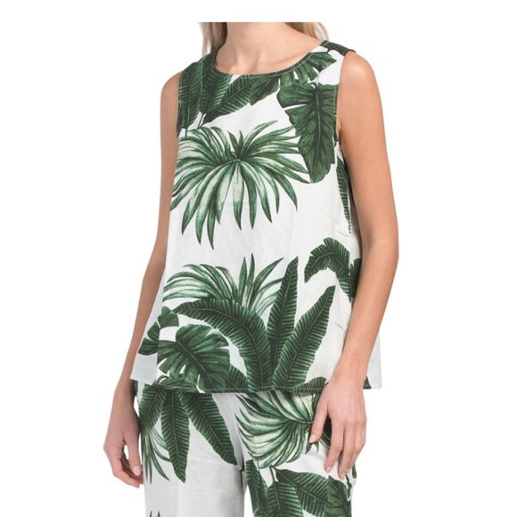 🌴 ANDREA JOVINE Palm Tropical Print Linen Cotton Tank Top Blouse Summer sz S-M - Picture 1 of 15